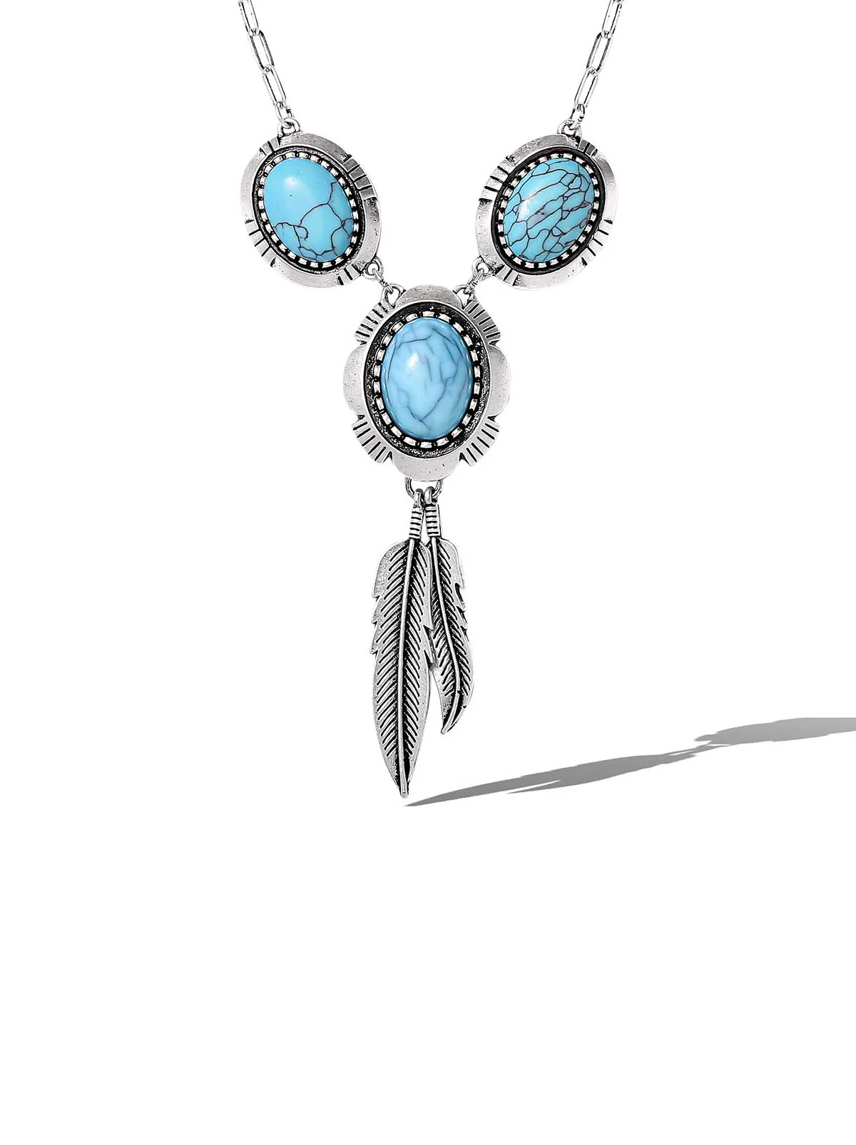 Boho Turquoise & Feather Pendant Necklace - Image 2