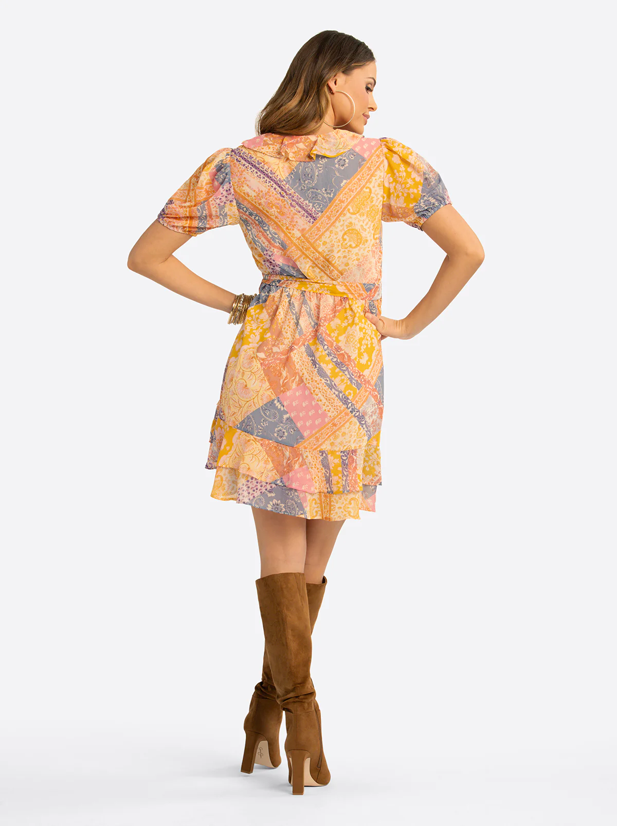 JS Jessica Simpson Yasmin Ruffle Wrap Dress in Multi Celestial Patchwork - Image 4