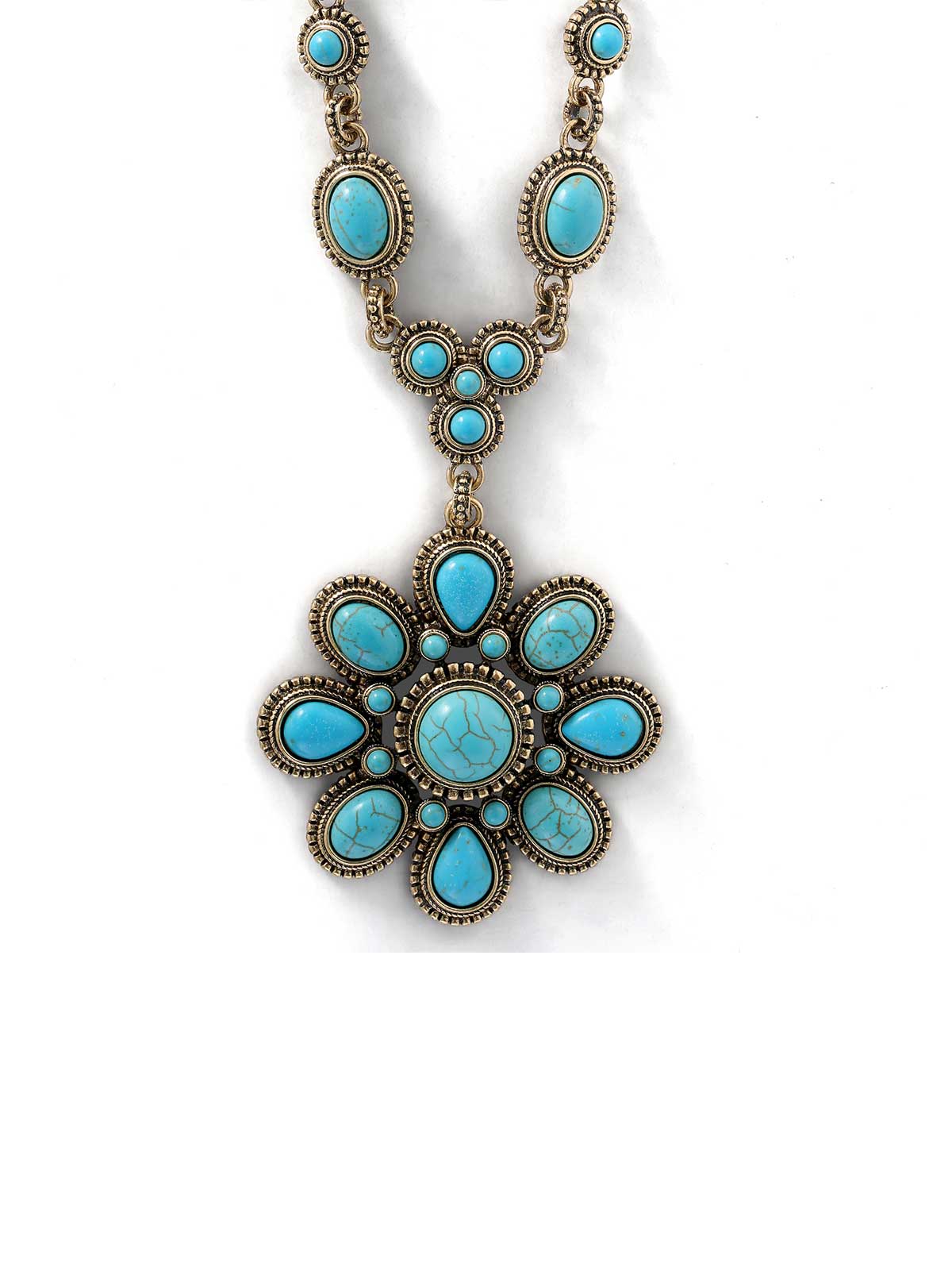 Large Turquoise Stone Flower Necklace in Gold - Image 2