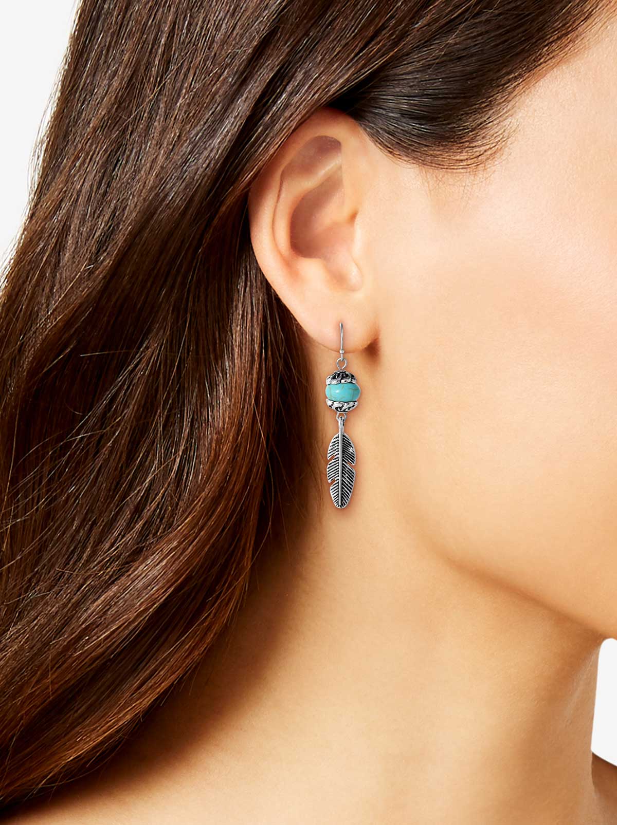 Turquoise Bead Feather Drop Earrings in Silver - Image 3