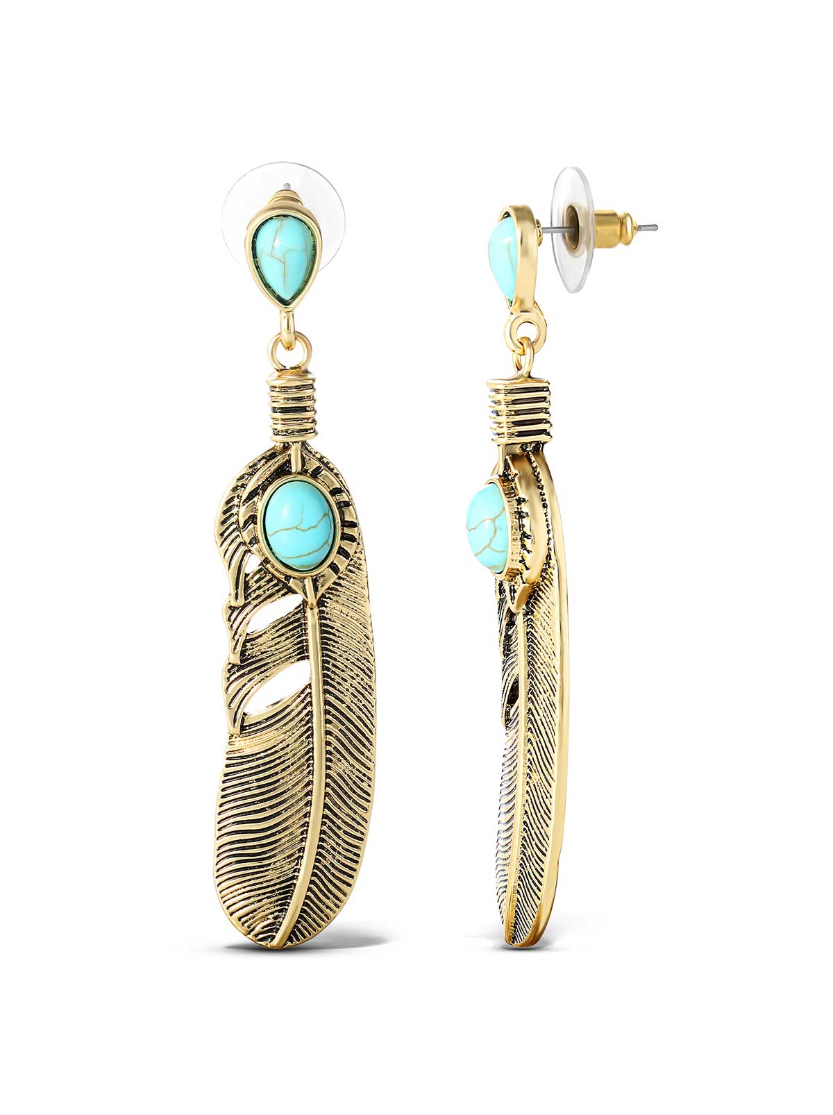 Turquoise Stone Feather Drop Earrings - Image 2