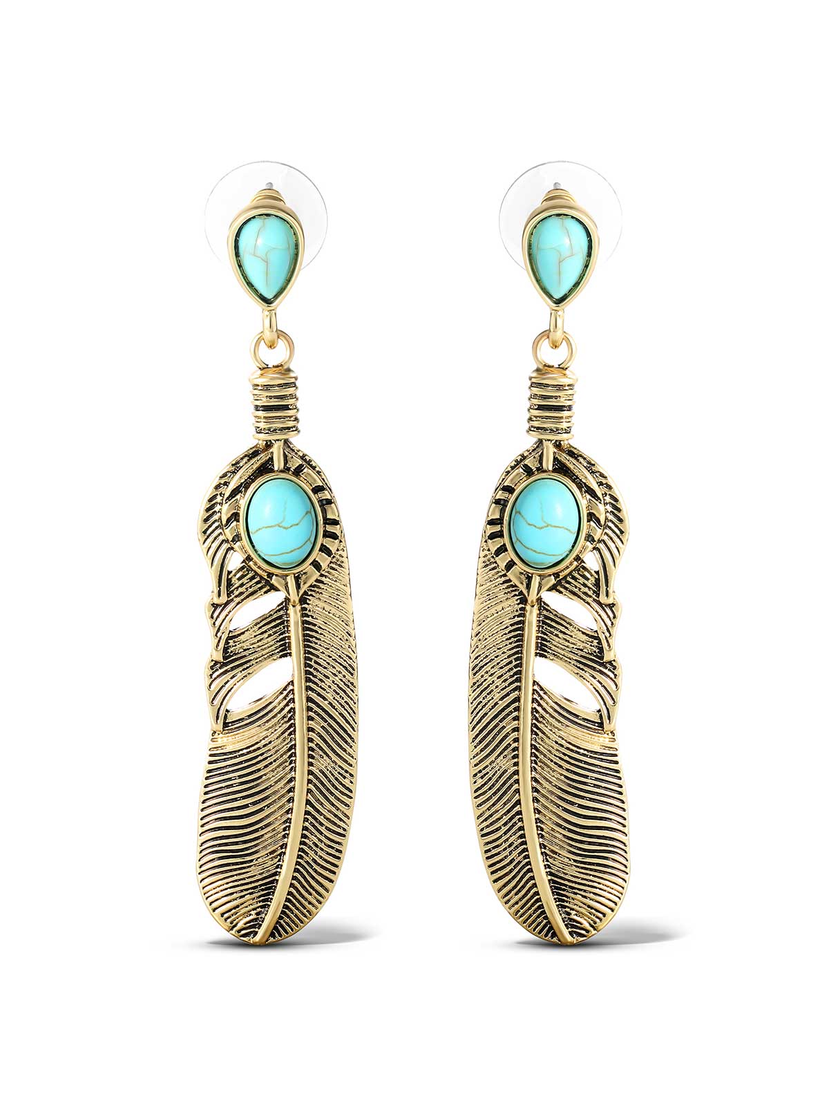 Turquoise Stone Feather Drop Earrings - Image 3